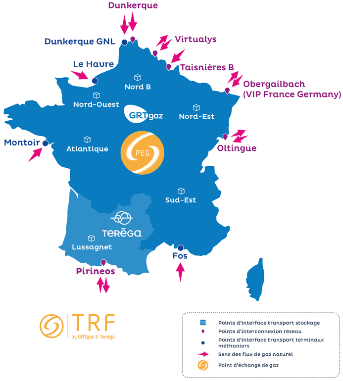 Carte réseau de GRTgaz, PITS, PIR, PITTM, PEG