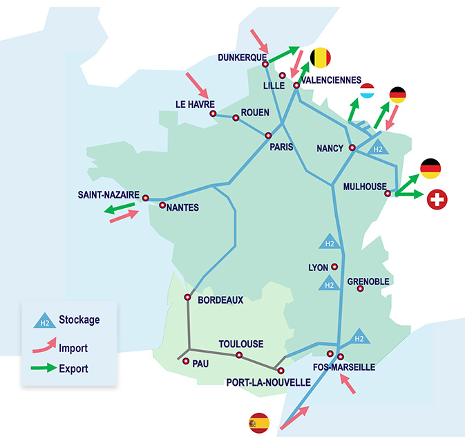 Carte réseau H2 de GRTgaz à l’étude avec import, export, stockage