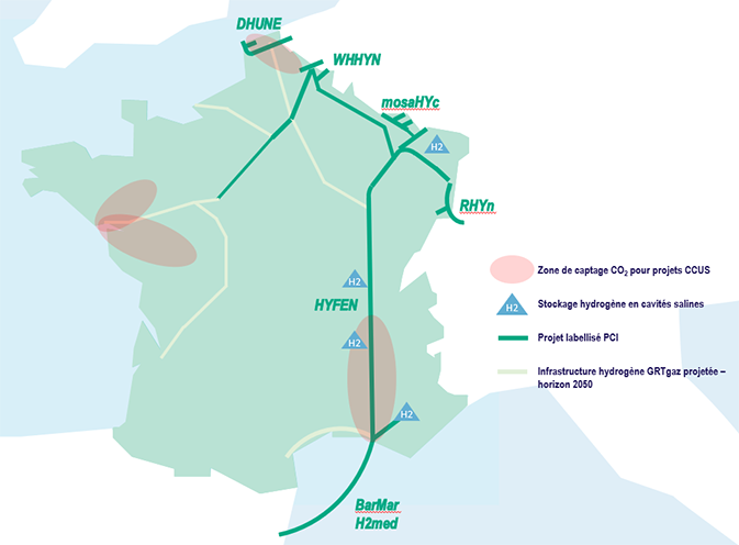 Carte des projets hydrogène et CO2 de GRTgaz labellisés PIC