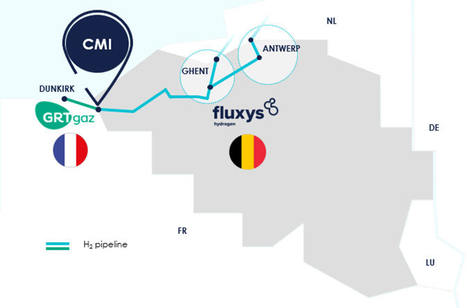 Map of the future interconnected Franco-Belgian hydrogen transport network