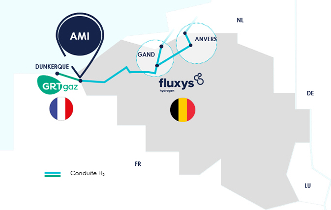 Carte du futur réseau de transport d’hydrogène franco-belge interconnecté