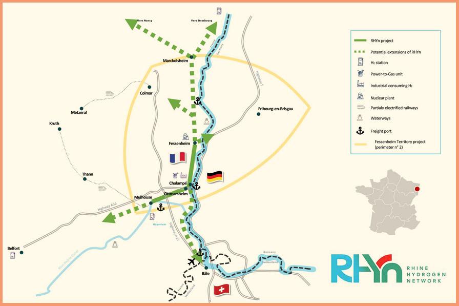 Carte du projet RHYn - 2e projet de réseau de transport d’hydrogène en France